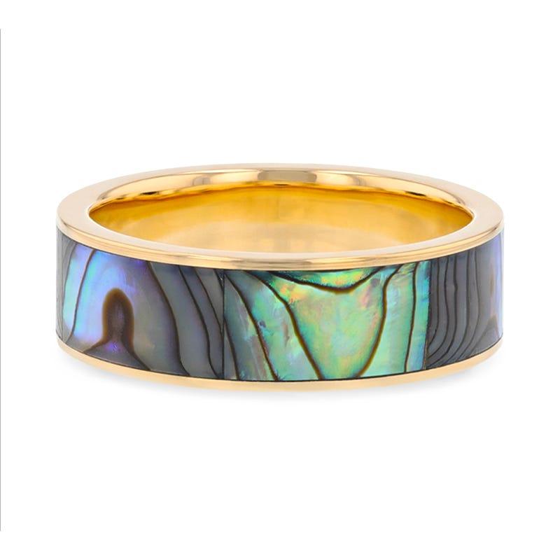 GALAN Flat 14K Yellow Gold Ring with Mother of Pearl Inlay and Polished Edges - 8mm