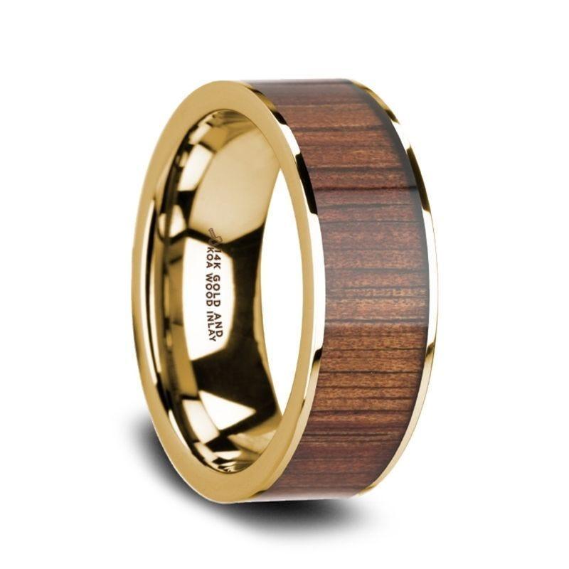 AURELIAN 14K Flat Pipe Cut Yellow Gold Band with Rare Koa Wood Inlay and Polished Edges - 8mm