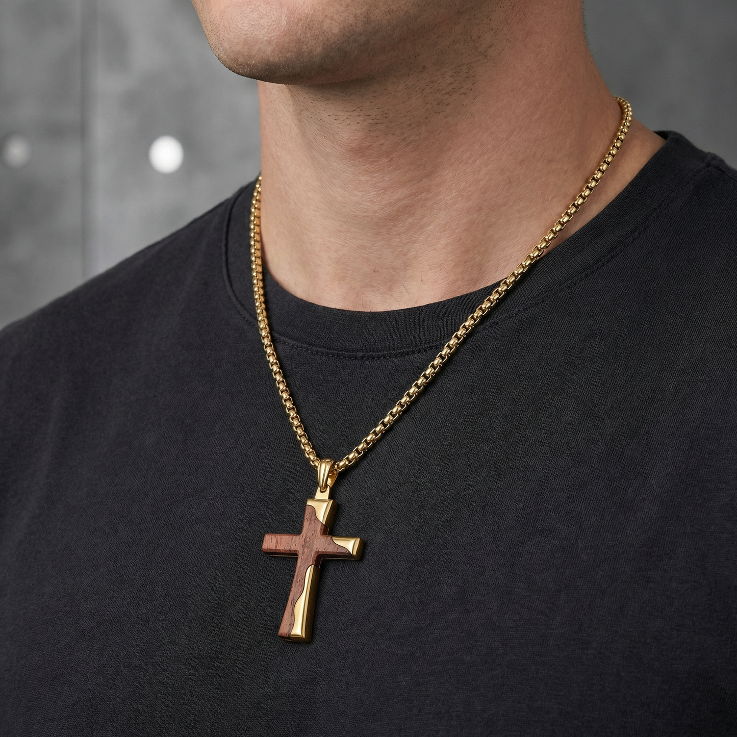Gold Stainless Steel Cross Pendant With Bubinga Wood Inlay and 22in Matching Chain