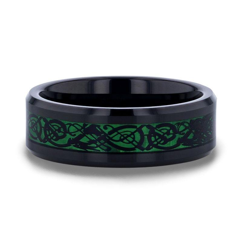 ALLURE Black Dragon Design With Green Background Inlaid Black Tungsten Men's Ring With Clear Coating And Beveled Edge - 8mm