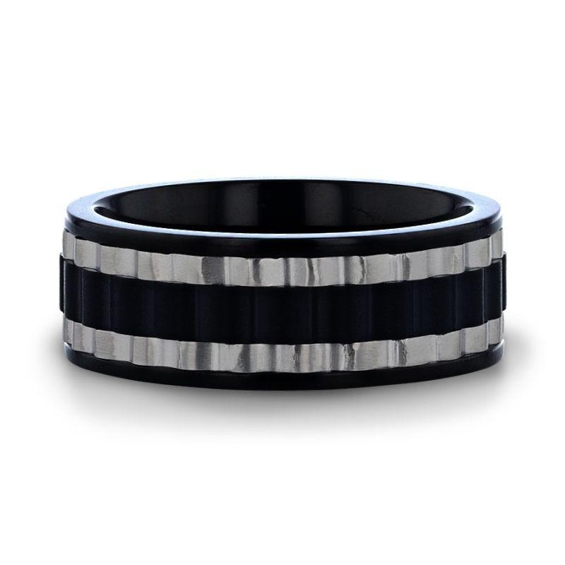 GEAR Two Toned Wavy Centered Brushed Black Titanium Men's Wedding Band With Flat Polished Edges - 8mm