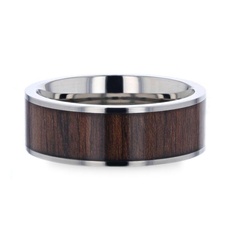 LOGAN Flat Polished Black Walnut Wood Inlaid Titanium Men's Wedding Band With Flat Polished Edges - 8mm