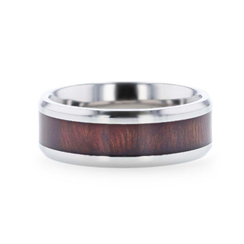 SEQUOIA Redwood Inlaid Titanium Flat Polished Finish Men's Wedding Ring With Beveled Edges - 8mm