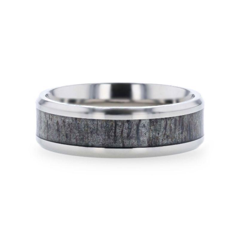 MELANISTIC Dark Deer Antler Inlaid Titanium Flat Polished Finish Men's Wedding Band With Beveled Edges - 8mm