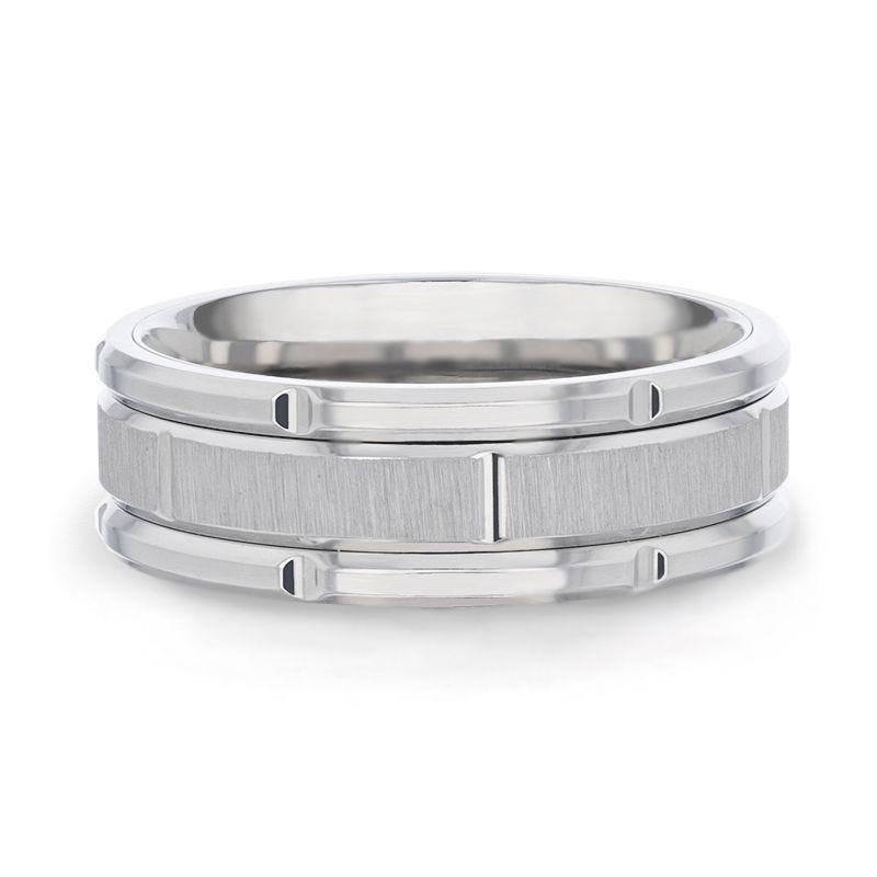 WARRICK Alternating Grooves And Horizontal Etched Finish Titanium Men's Wedding Band with Alternating Grooved Beveled Polished Edges - 8mm