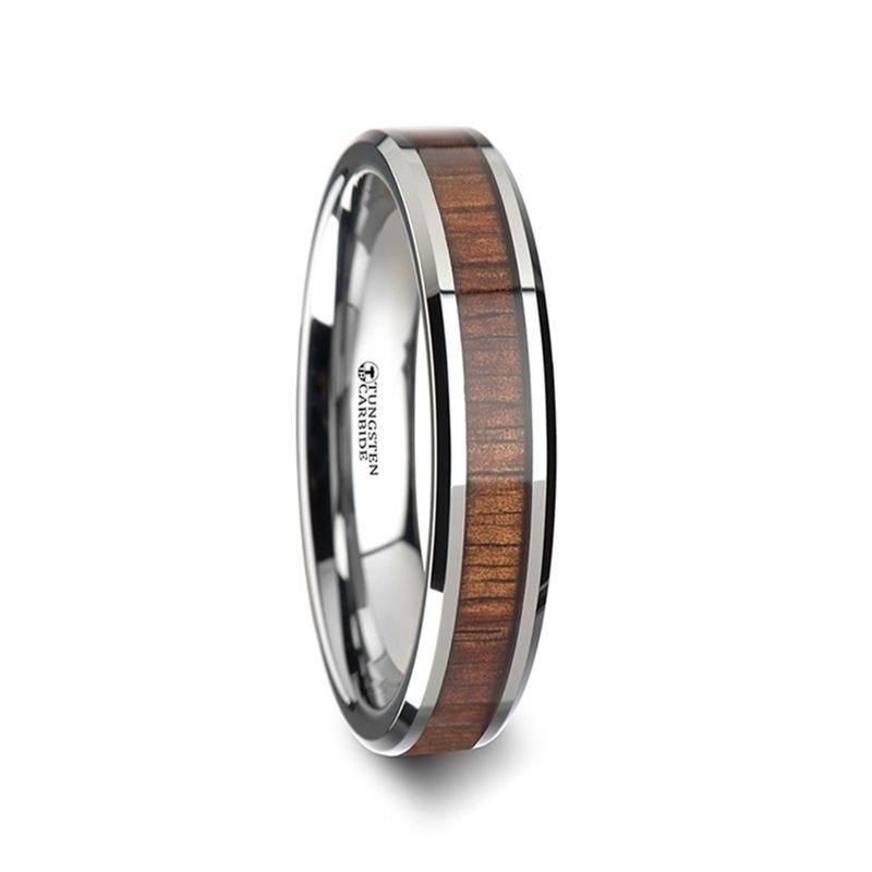 KONA Koa Wood Inlaid Tungsten Carbide Ring with Bevels - 4mm - 6mm