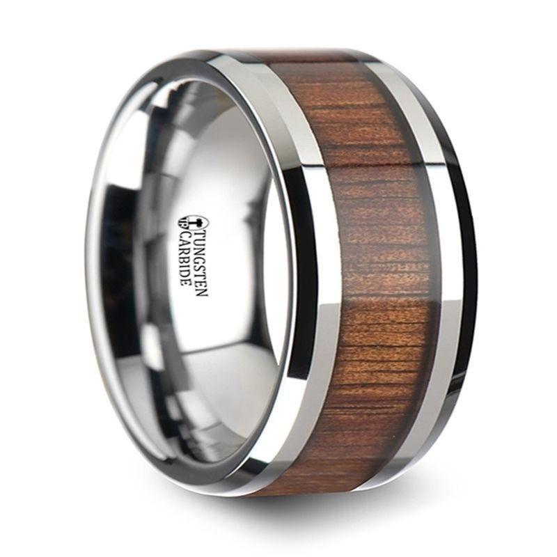KONA Koa Wood Inlaid Tungsten Carbide Ring with Bevels - 8mm - 12mm