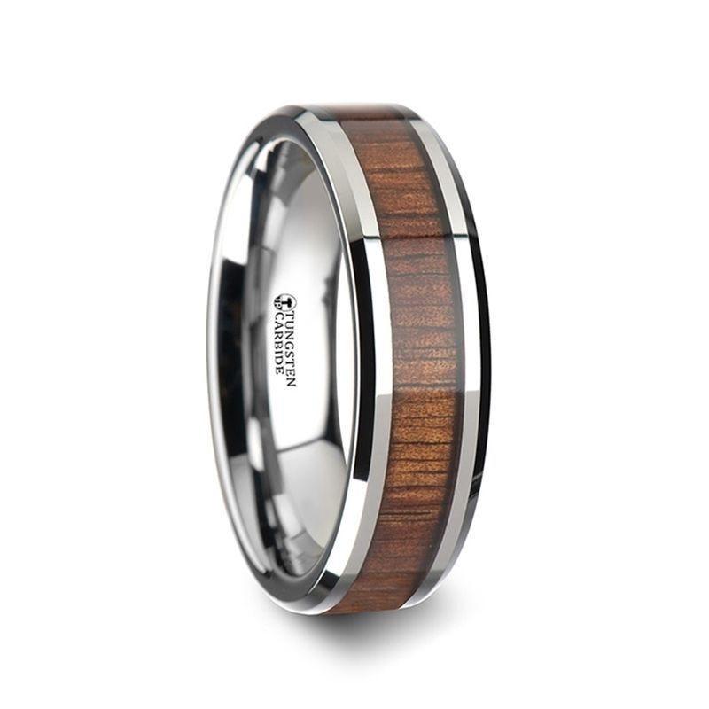 KONA Koa Wood Inlaid Tungsten Carbide Ring with Bevels - 4mm - 6mm