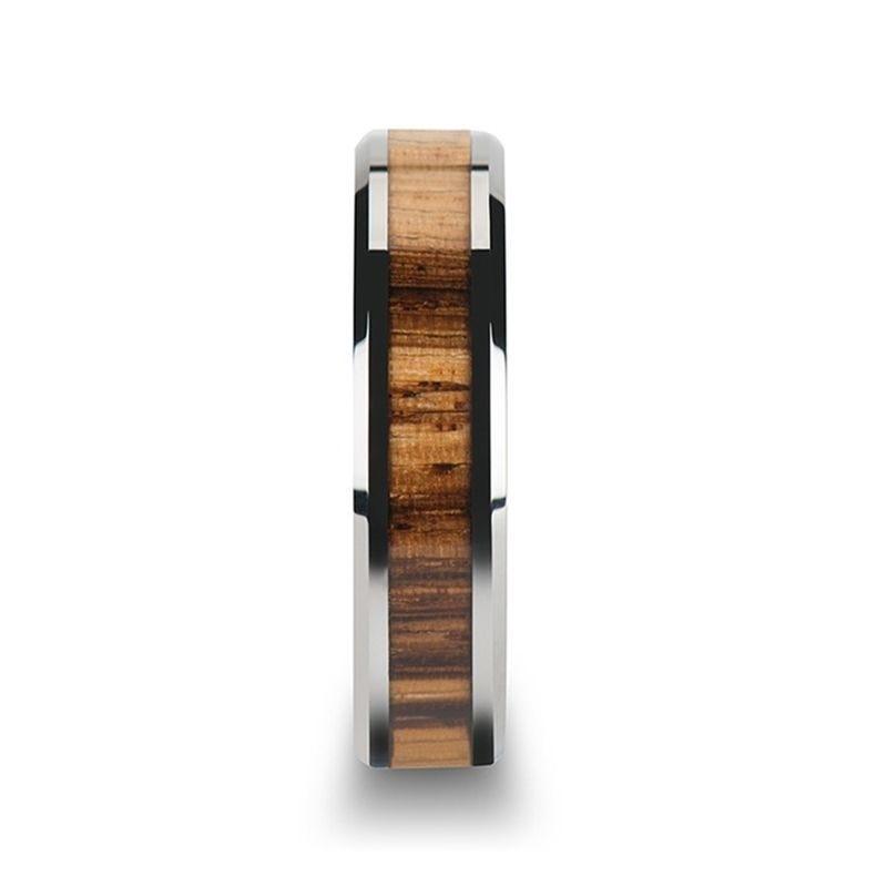 PALMALETTO Tungsten Carbide Ring with Beveled Edges and Real Zebra Wood Inlay - 4mm - 6mm