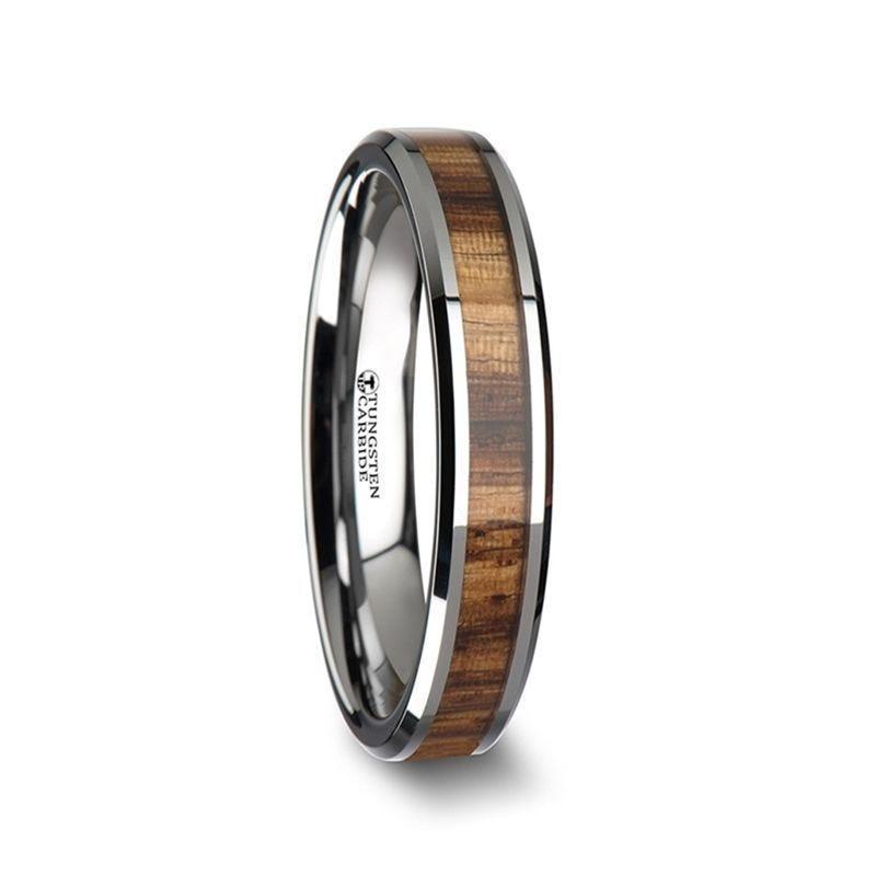 PALMALETTO Tungsten Carbide Ring with Beveled Edges and Real Zebra Wood Inlay - 4mm - 6mm
