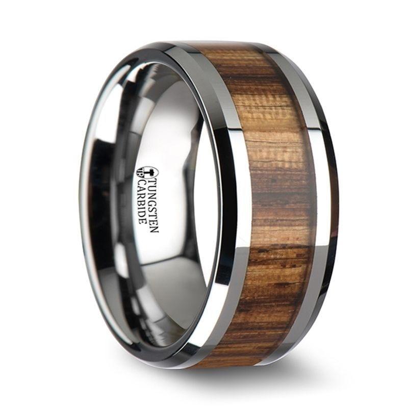PALMALETTO Tungsten Carbide Ring with Beveled Edges and Real Zebra Wood Inlay - 8mm - 10mm
