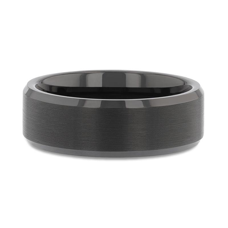 ELISE Black Tungsten Ring with Polished Beveled Edges and Brush Finished Center - 8mm - 10mm