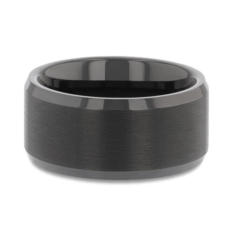 ELISE Black Tungsten Ring with Polished Beveled Edges and Brush Finished Center - 8mm - 10mm