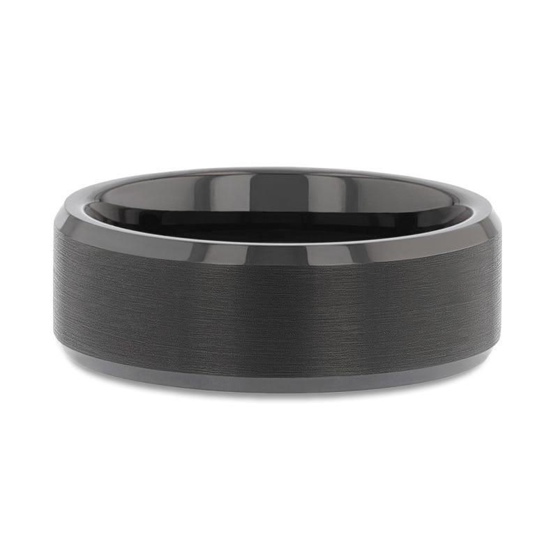 ELISE Black Tungsten Ring with Polished Beveled Edges and Brush Finished Center - 8mm - 10mm
