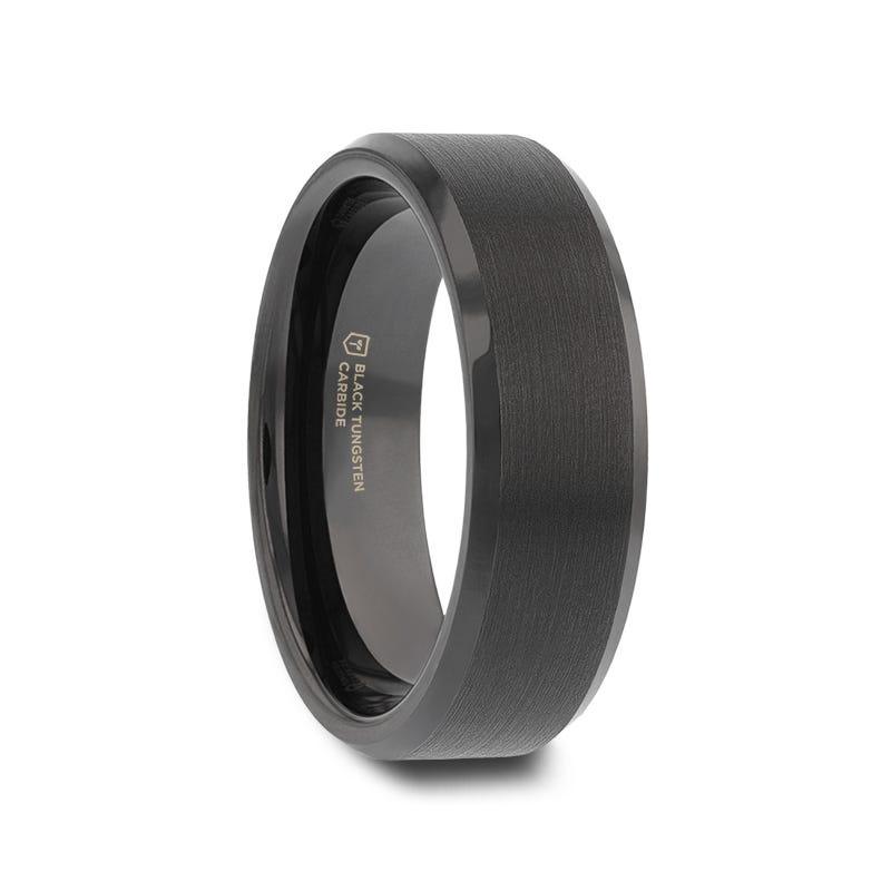 ELISE Black Tungsten Ring with Polished Beveled Edges and Brush Finished Center - 8mm - 10mm