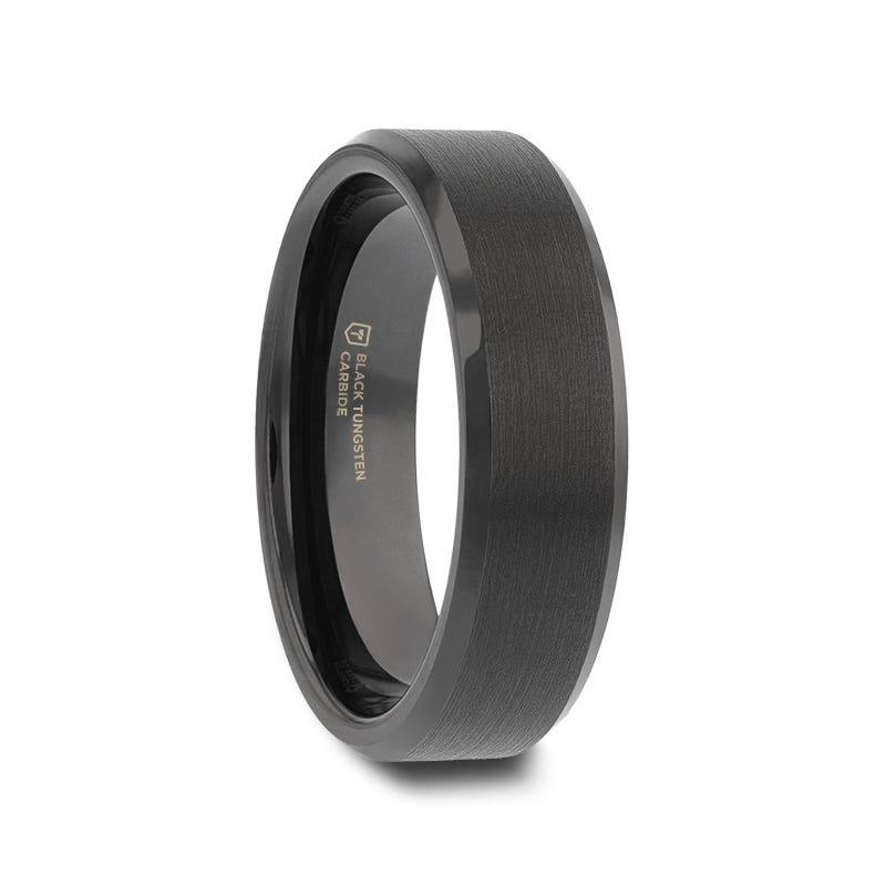 ELISE Black Tungsten Ring with Polished Beveled Edges and Brush Finished Center - 4mm - 6mm