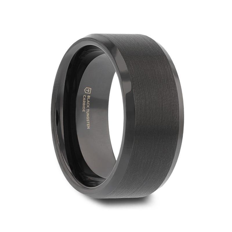 ELISE Black Tungsten Ring with Polished Beveled Edges and Brush Finished Center - 8mm - 10mm