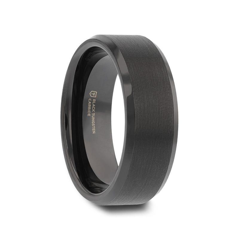 ELISE Black Tungsten Ring with Polished Beveled Edges and Brush Finished Center - 8mm - 10mm