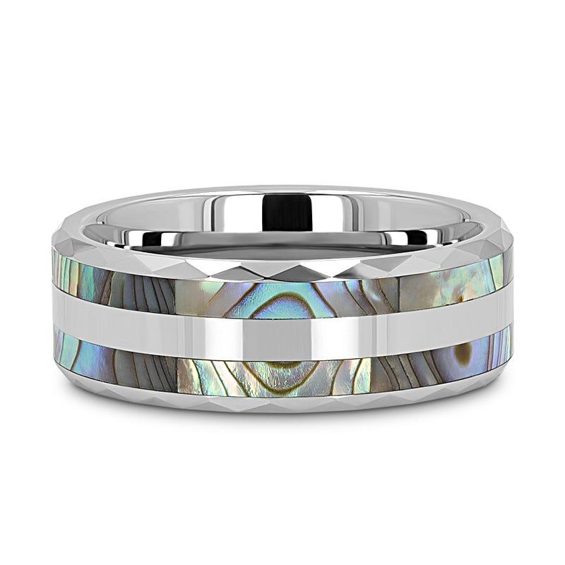 PAUA Double Abalone Shell Inlay Faceted Tungsten Ring With Beveled Polished Edges - 8mm
