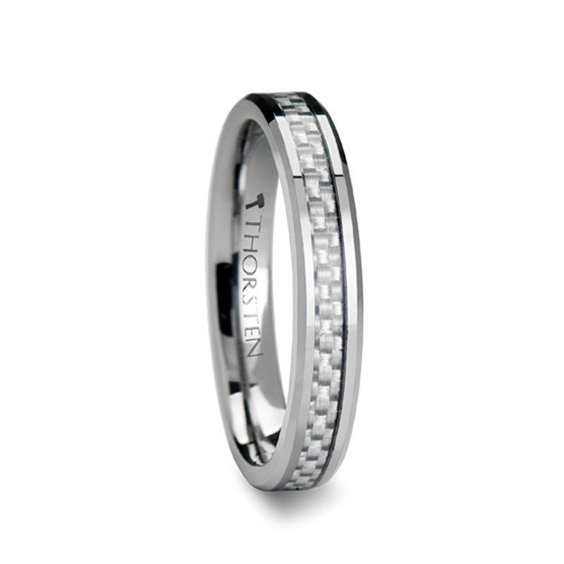 ULTIMUS Tungsten Carbide Ring with Beveled White Carbon Fiber Inlay - 4mm - 6mm