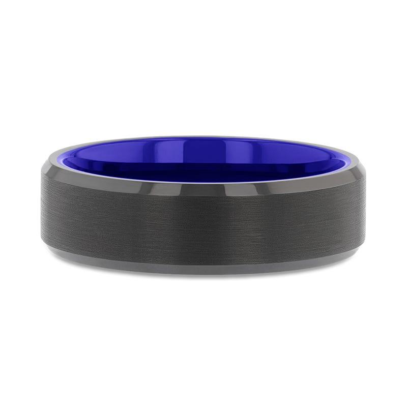 RIGEL Flat Beveled Edges Black Tungsten Ring with Brushed Center and Vibrant Blue Ceramic Inside - 6mm & 8mm