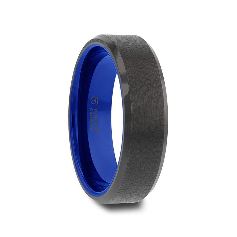RIGEL Flat Beveled Edges Black Tungsten Ring with Brushed Center and Vibrant Blue Ceramic Inside - 6mm & 8mm