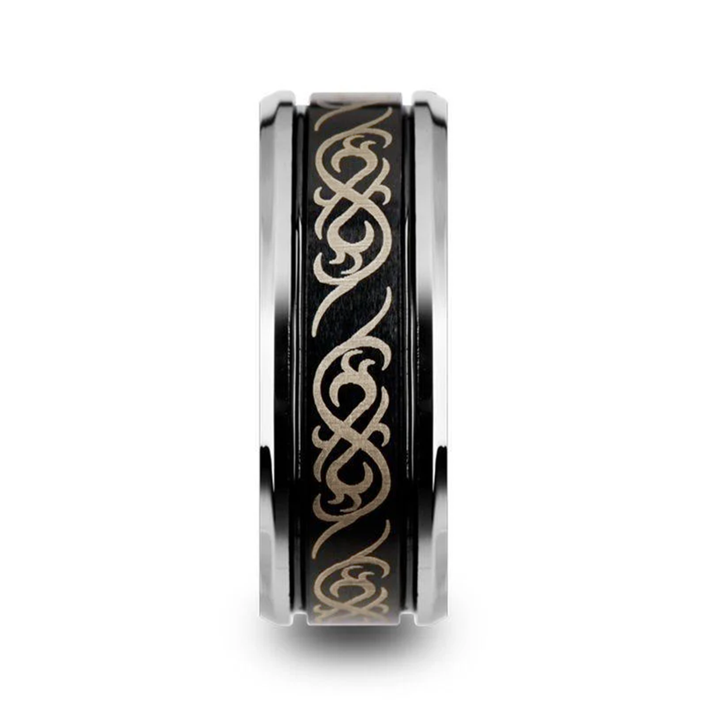 RAIZEN Tungsten Carbide Wedding Ring with Dual Offset Grooves and Laser Engraved Celtic Pattern Polished and Beveled Edges - 8mm