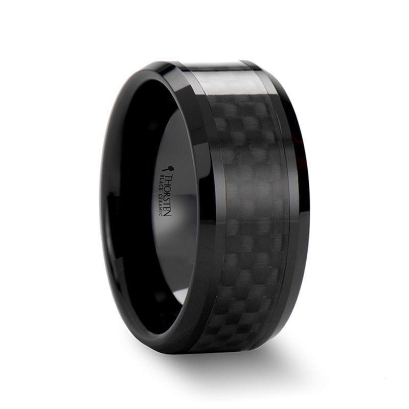 ONYX Black Carbon Fiber Inlaid Black Ceramic Wedding Band - 8mm - 12mm