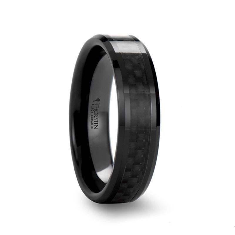 ONYX Black Carbon Fiber Inlaid Black Ceramic Wedding Band - 4mm - 6mm