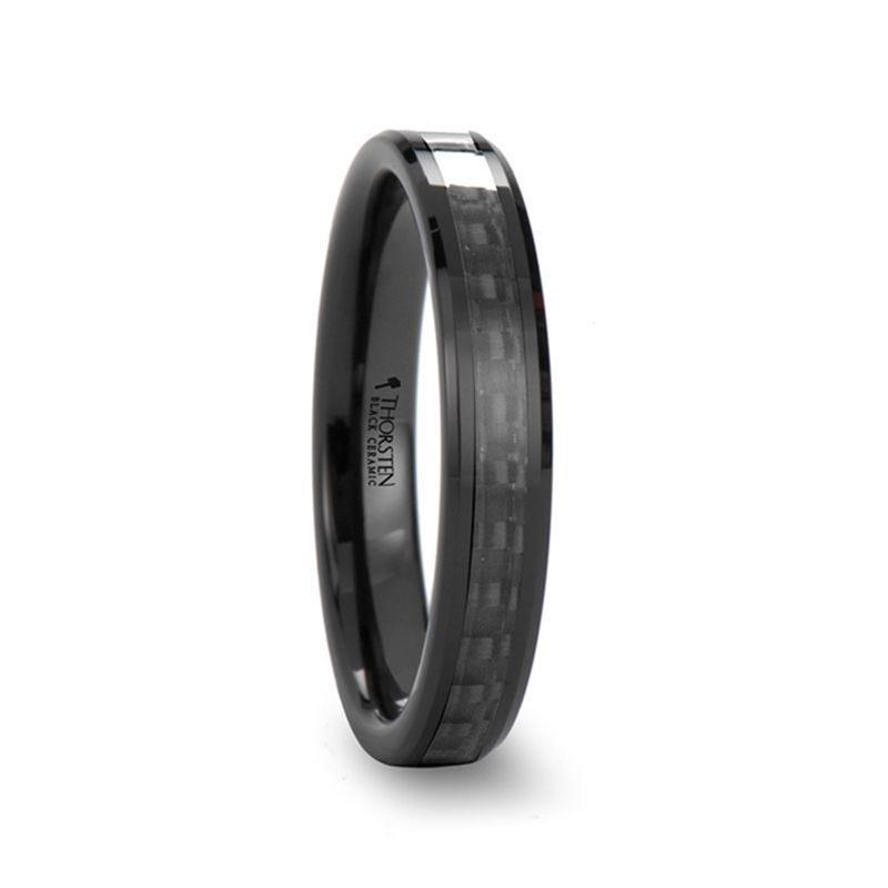 ONYX Black Carbon Fiber Inlaid Black Ceramic Wedding Band 4mm 6mm