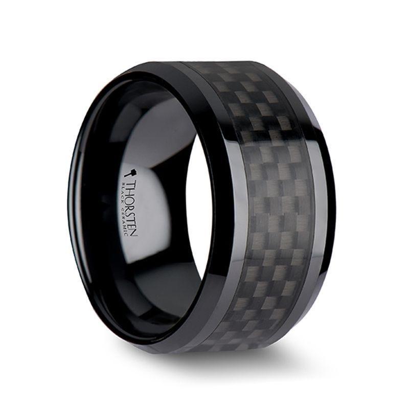 ONYX Black Carbon Fiber Inlaid Black Ceramic Wedding Band - 8mm - 12mm