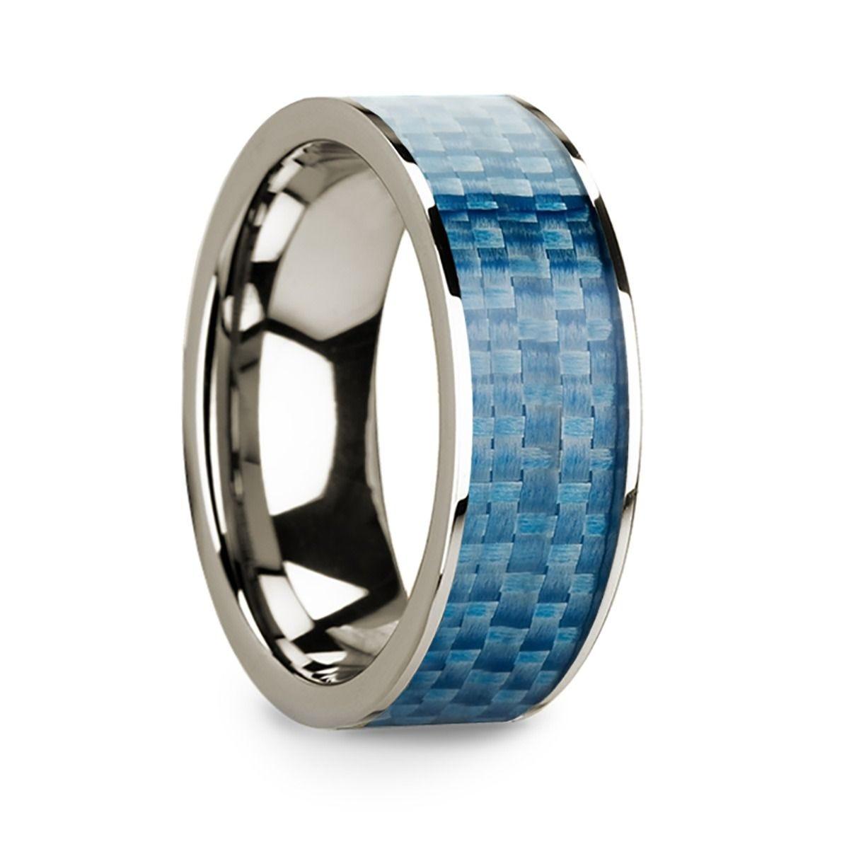 Flat 14k White Gold Ring with Blue Carbon Fiber Inlay and Polished Edges - 8mm