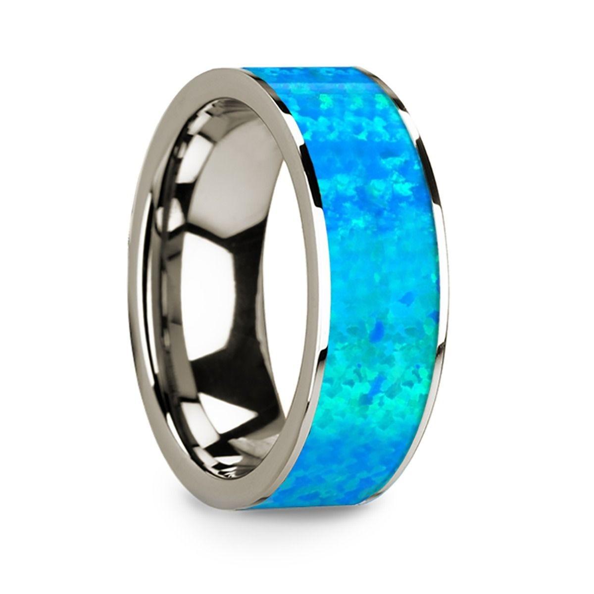 Flat 14k White Gold Ring with Blue Opal Inlay and Polished Edges - 8mm