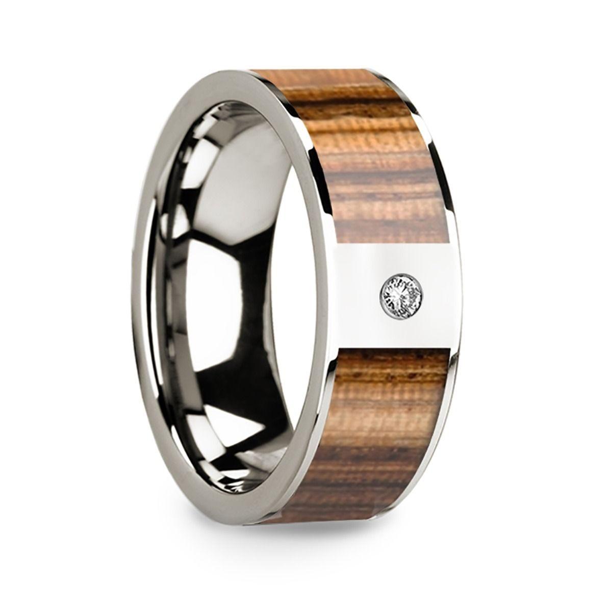Flat 14k White Gold Ring with Zebra Wood Inlay & White Diamond Setting - 8mm