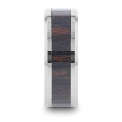 AZTEC Mahogany Inlaid Tungsten Carbide Ring with Polished Beveled Edges – 8mm