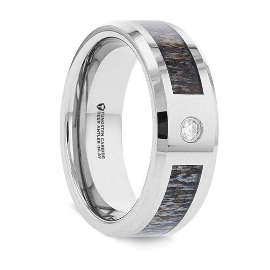 COLTON Tungsten Carbide Ring with Ombre Deer Antler Inlay Polished Beveled Edges with Diamond - 8mm