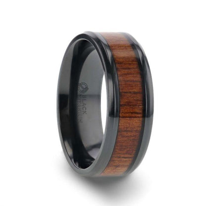 LEIFI Black Titanium Ring with Koa Wood Inlay and Bevels - 8mm