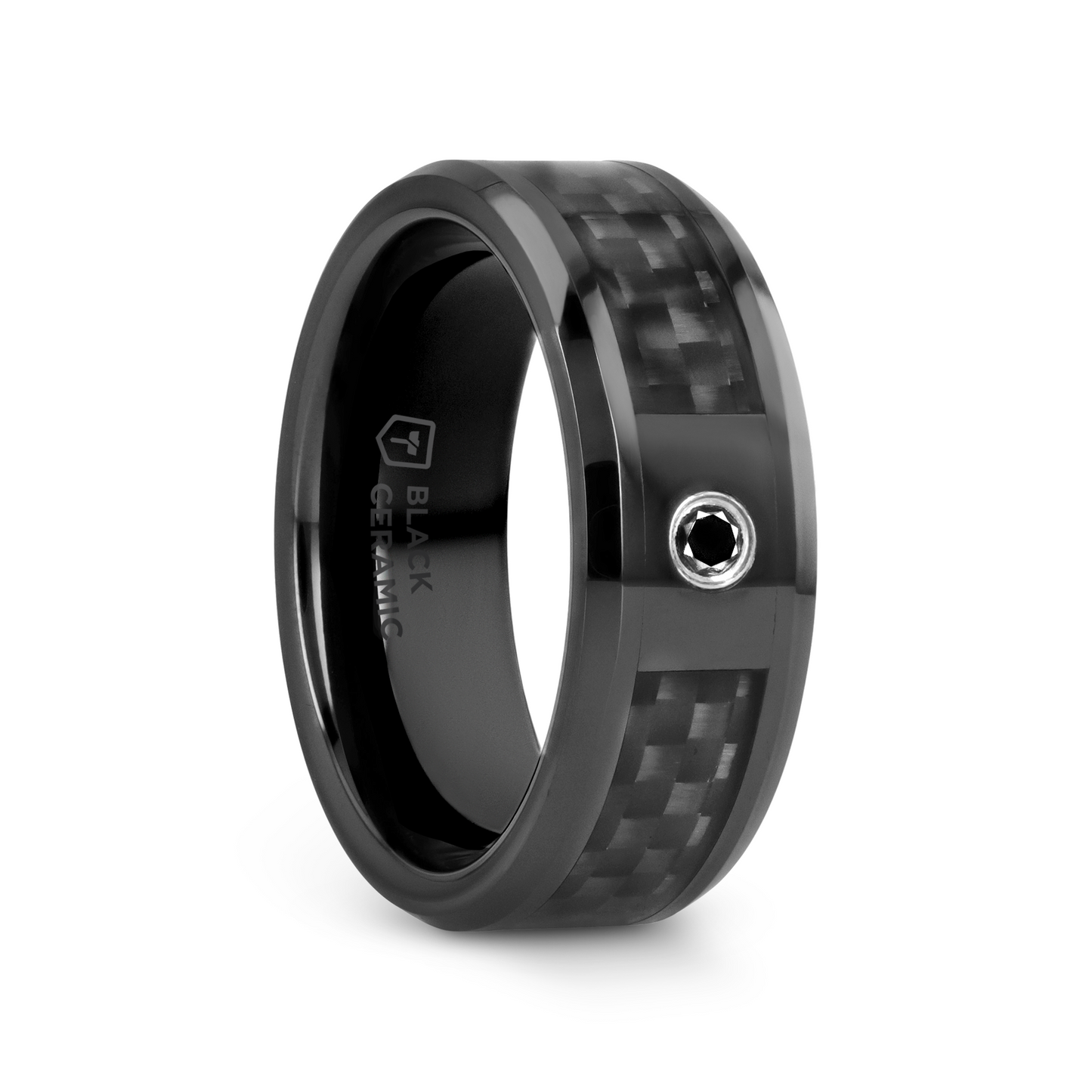 ABERDEEN Black Ceramic Band with Black Diamond and Black Carbon Fiber Inlay - 8mm