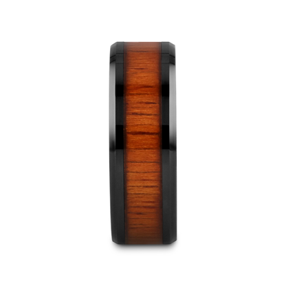 ACACIA Koa Wood Inlaid Black Ceramic Ring with Bevels - 8mm - 12mm
