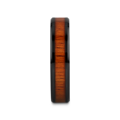 ACACIA Koa Wood Inlaid Black Ceramic Ring with Bevels - 8mm - 12mm