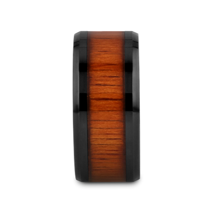 ACACIA Koa Wood Inlaid Black Ceramic Ring with Bevels - 8mm - 12mm