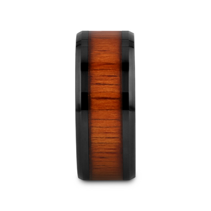 ACACIA Koa Wood Inlaid Black Ceramic Ring with Bevels - 8mm - 12mm