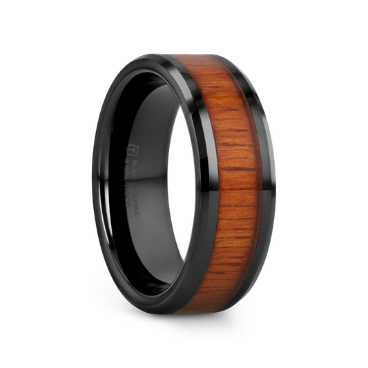 ACACIA Koa Wood Inlaid Black Ceramic Ring with Bevels - 8mm - 12mm
