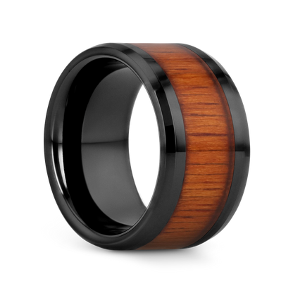 ACACIA Koa Wood Inlaid Black Ceramic Ring with Bevels - 8mm - 12mm