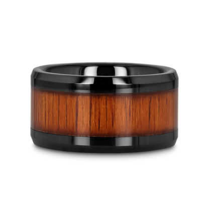ACACIA Koa Wood Inlaid Black Ceramic Ring with Bevels - 8mm - 12mm