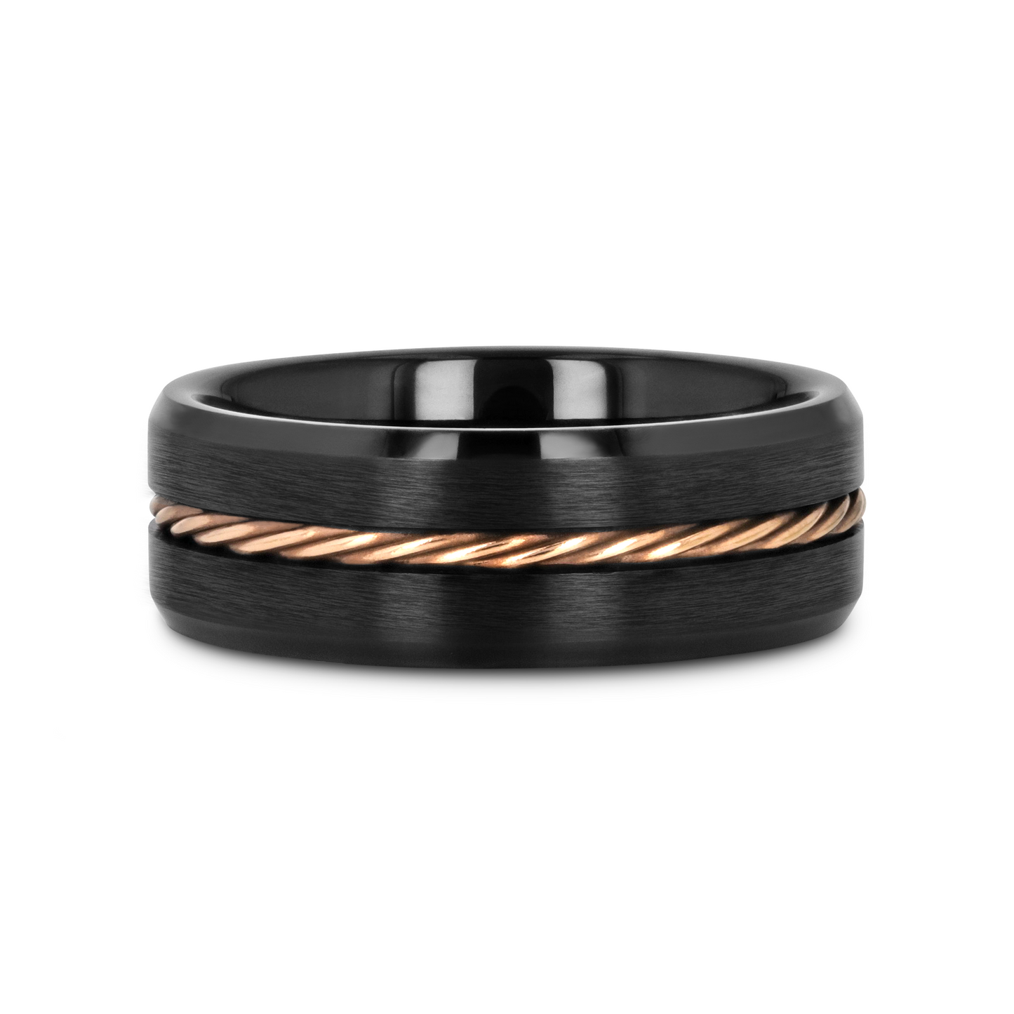 ADELARD Rose Gold Braided Brushed Center Black Tungsten Men's Wedding Band With Polished Beveled Edges - 8mm