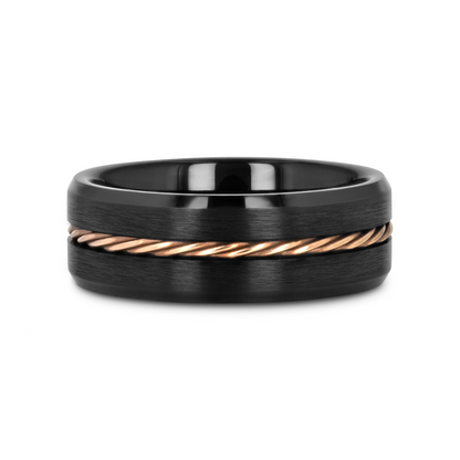 ADELARD Rose Gold Braided Brushed Center Black Tungsten Men's Wedding Band With Polished Beveled Edges - 8mm
