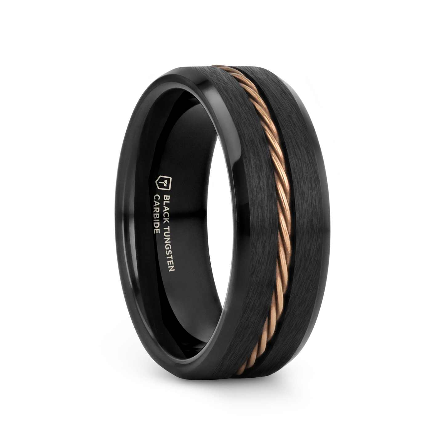 ADELARD Rose Gold Braided Brushed Center Black Tungsten Men's Wedding Band With Polished Beveled Edges - 8mm