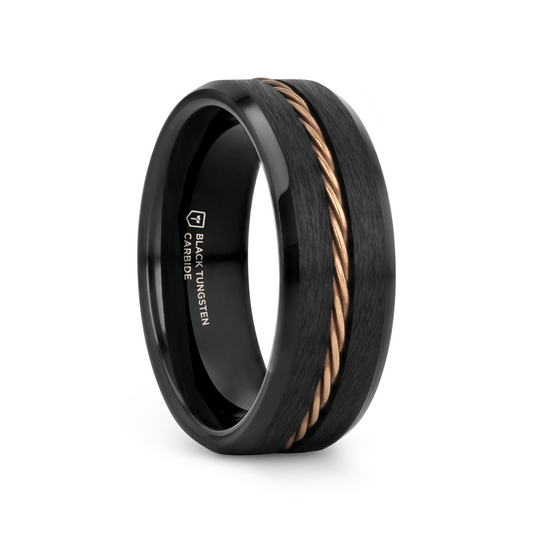 ADELARD Rose Gold Braided Brushed Center Black Tungsten Men's Wedding Band With Polished Beveled Edges - 8mm