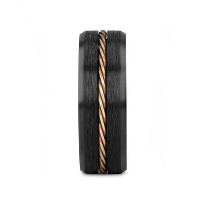 ADELARD Rose Gold Braided Brushed Center Black Tungsten Men's Wedding Band With Polished Beveled Edges - 8mm